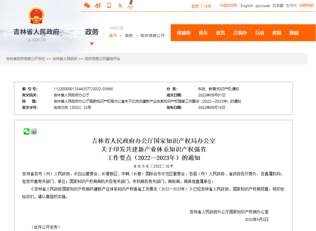 吉林省人民政府办公厅国家知识产权局办公室关于印发共建新产业体系知识产权强省工作要点（2022—2023年）的通知