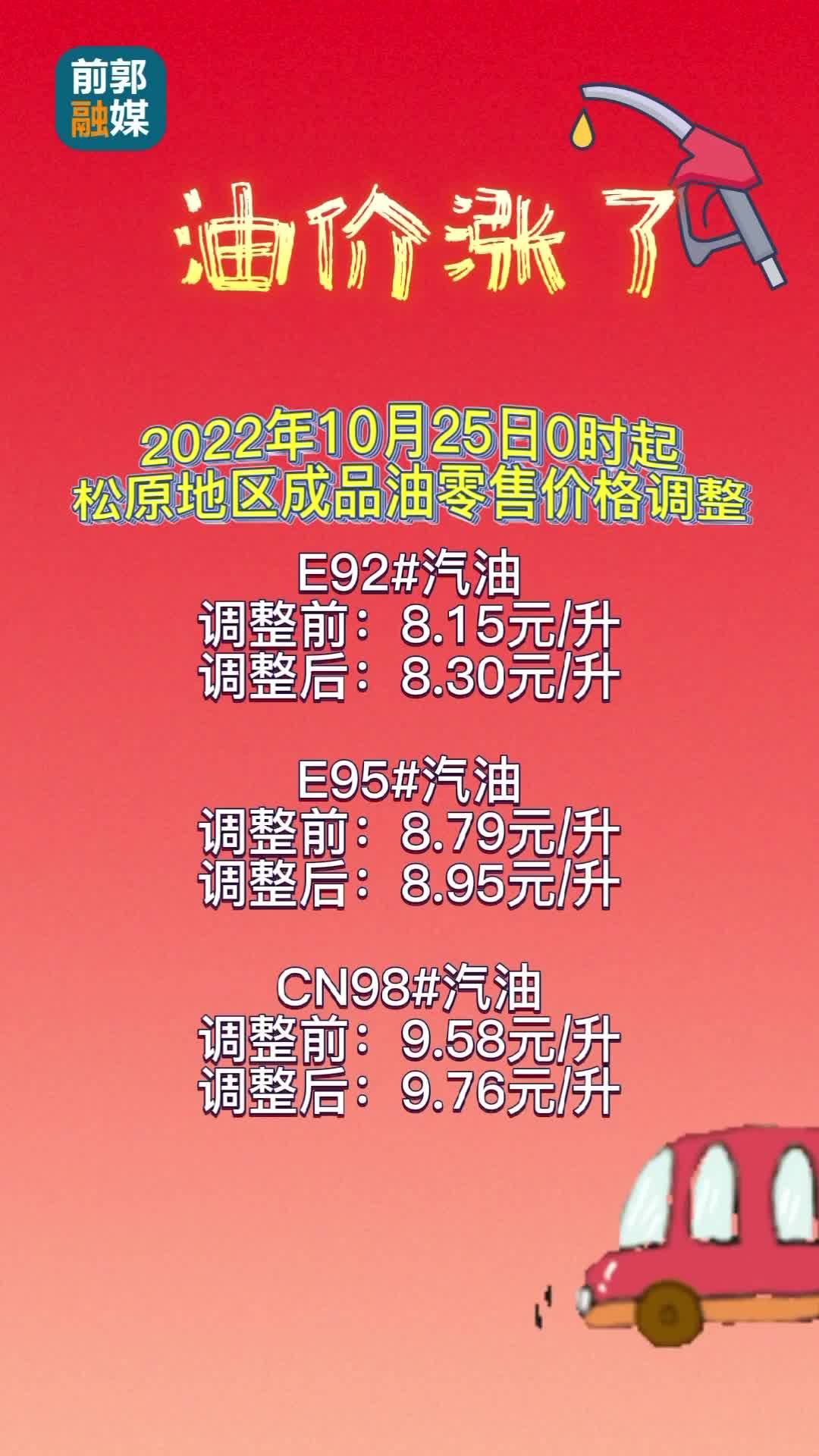 2022年10月25日0时起，松原地区成品油零售价格调整