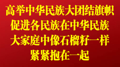 高举中华民族大团结旗帜，促进各民族在中华民族大家庭中像石榴籽一样紧紧抱在一起。
