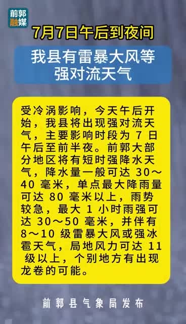 7月7日午后到夜间 我县有雷暴大风等强对流天气